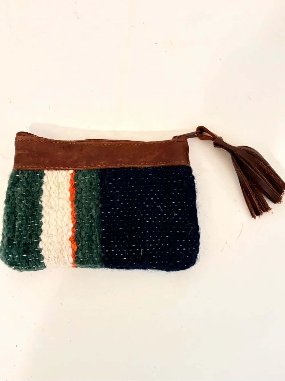 Striped Woven Wool with Leather Trim & Tassel Makeup Pouch Coin Purse Wallet